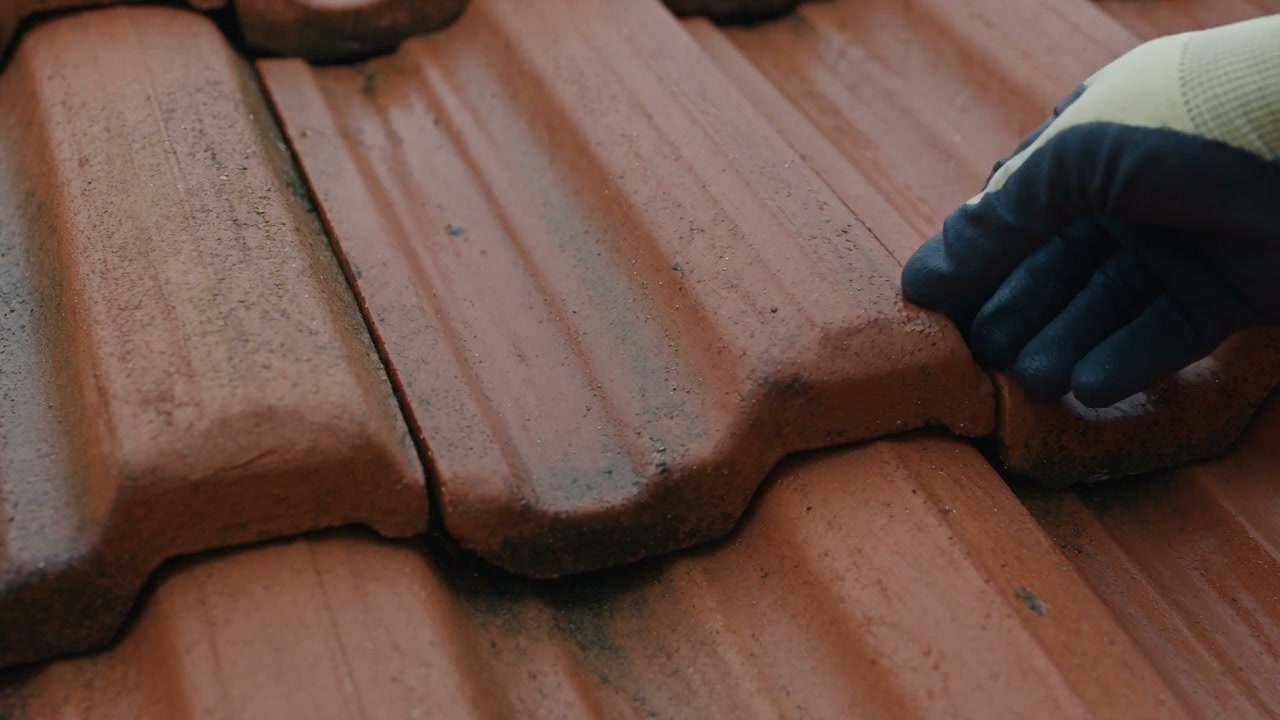 A gloved hand re-bedding a terracotta ridge tile, from the film