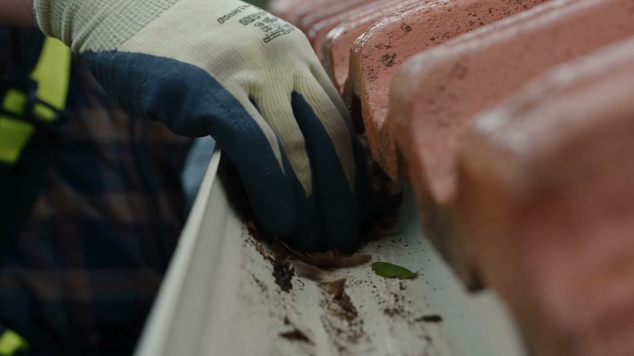 A gloved hand clearing leaf litter out of a gutter, from the film