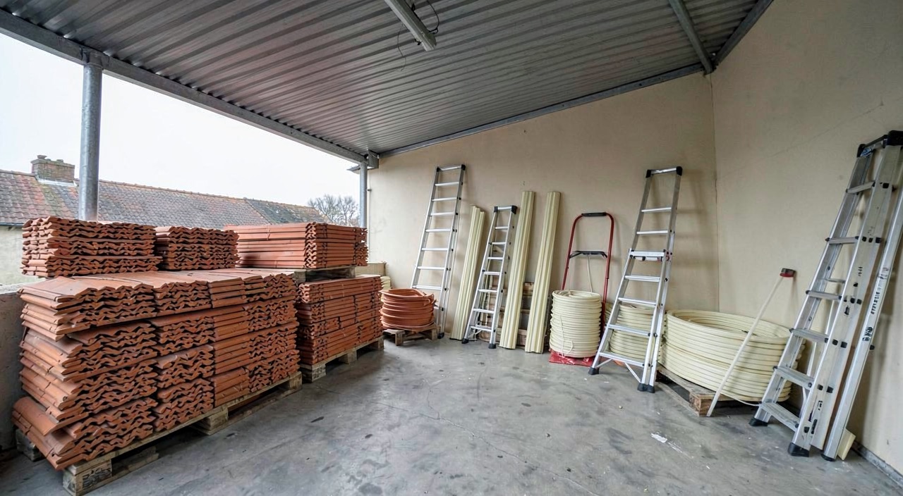 The Stuart Ridge Roofing yard in Kirwan, tile stacks, coiled guttering and ladders under a covered awning